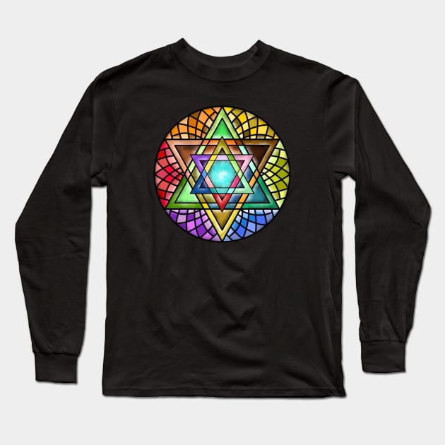 Rainbow Star of David Stained Glass Art Long Sleeve T-Shirt by Mey Designs